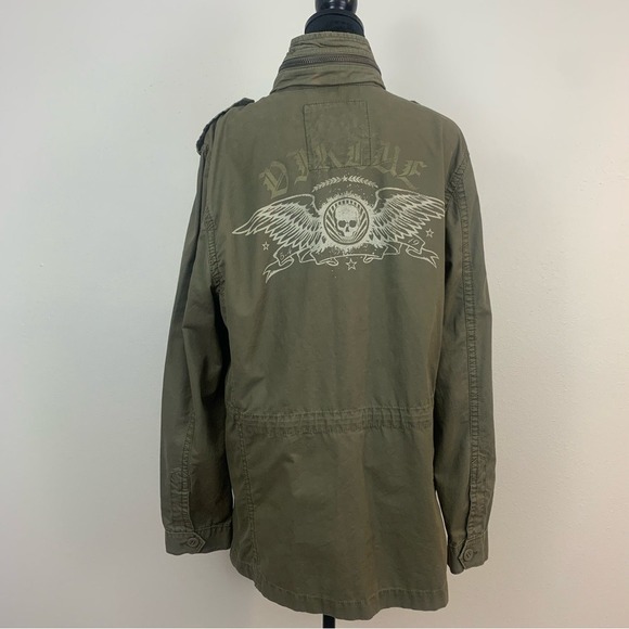 Express Women’s L Olive Green Crest Patch Utility Jacket Streetwear Punk Grunge - Picture 3 of 15